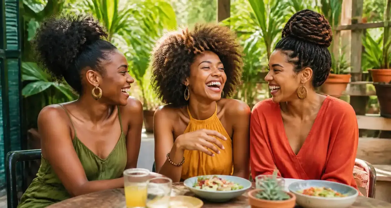 Amies aux coiffures naturelles réunies en terrasse dans un style durable