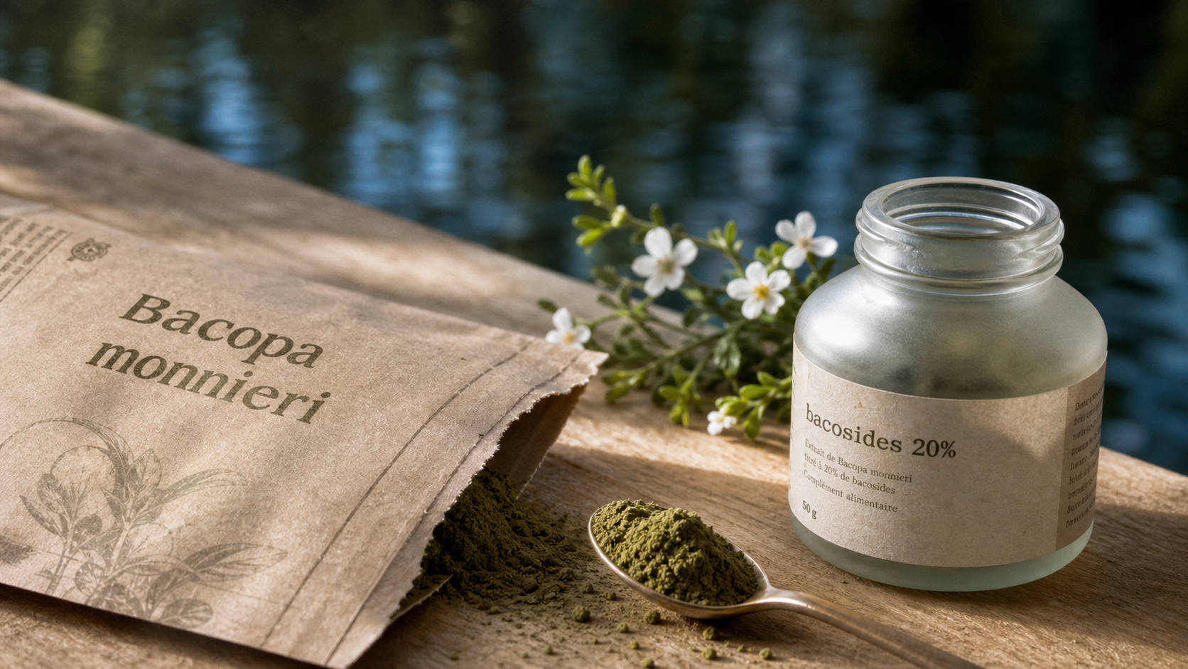 Bacopa brahmi, bacosides et poudre sur table
