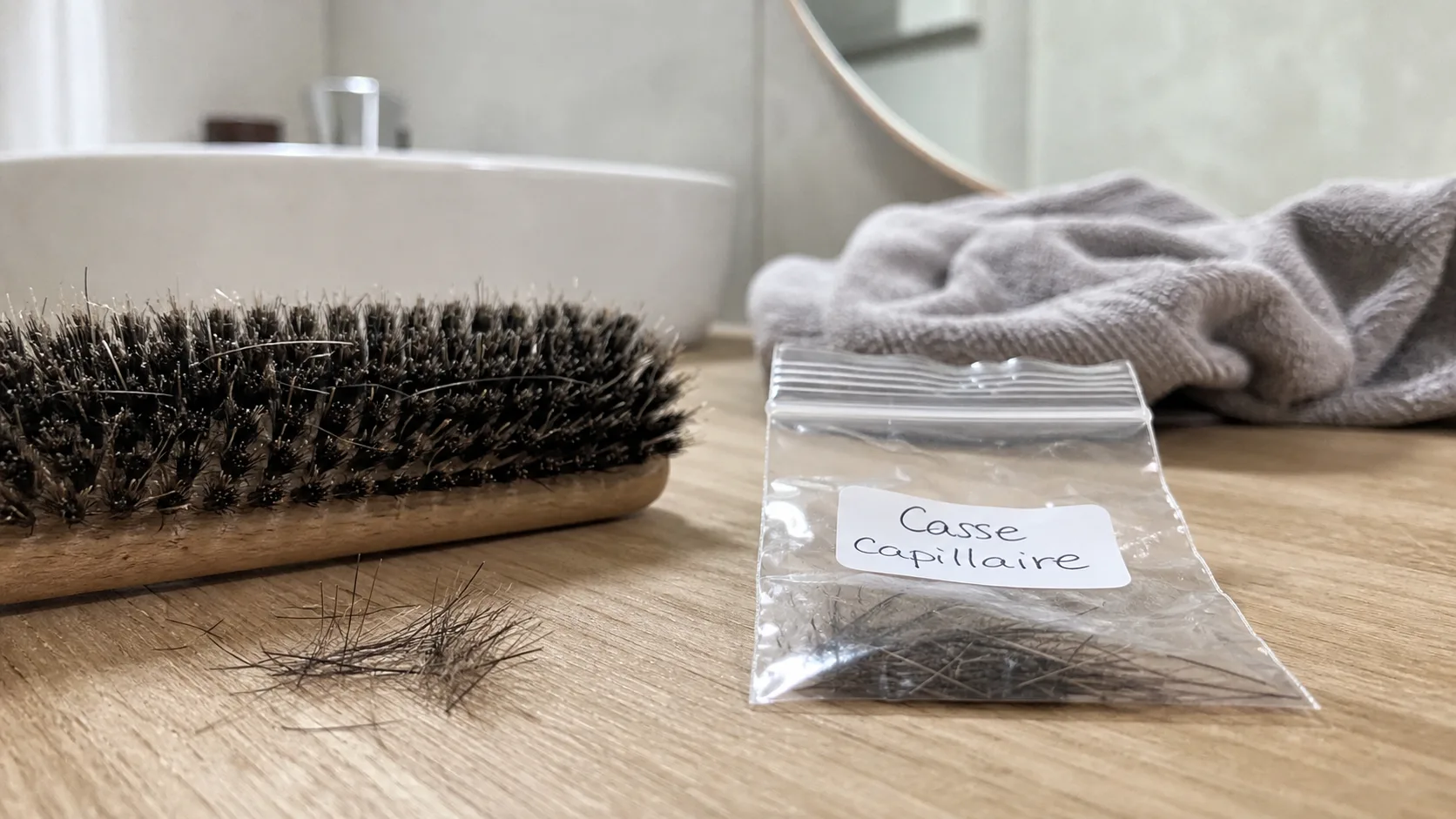 Cheveux qui casse : mèches cassées et brosse près de la salle de bain