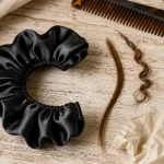 Chouchou en satin noir brillant, peigne et cheveux sur table