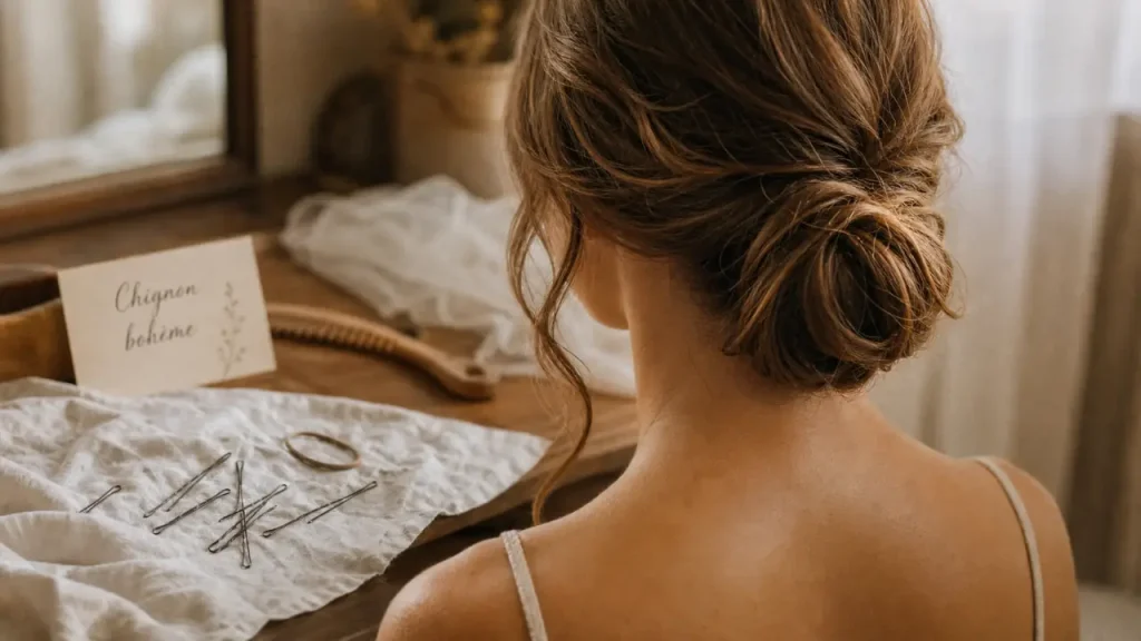 Coiffure bohème simple : chignon bas, tresse décoiffée et volume naturel
