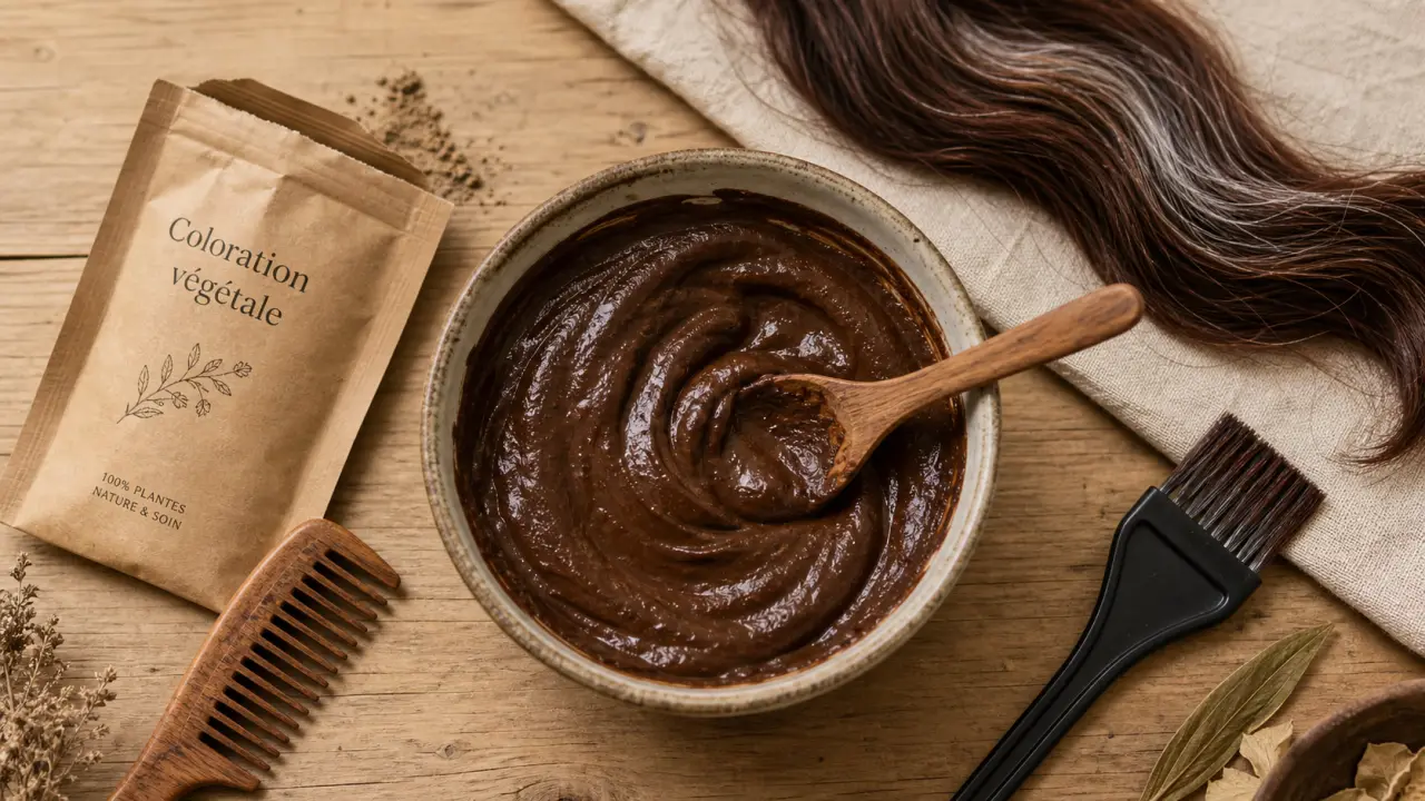 Coloration végétale cheveux blancs : pâte châtain et brosse de teinture