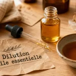 dilution huile essentielle : sécurité et dosage, pipette et huiles sur support