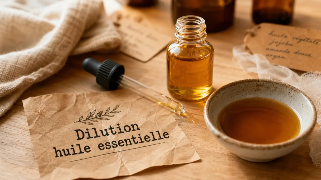 dilution huile essentielle : sécurité et dosage, pipette et huiles sur support