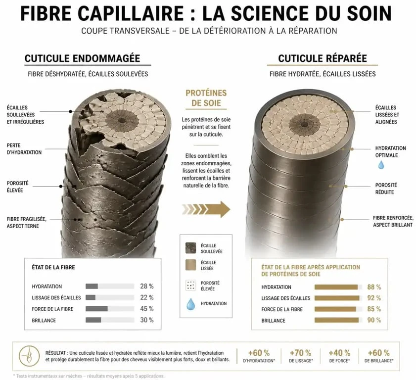 Infographie explicative du fonctionnement du lissage à la protéine de soie sur la fibre capillaire