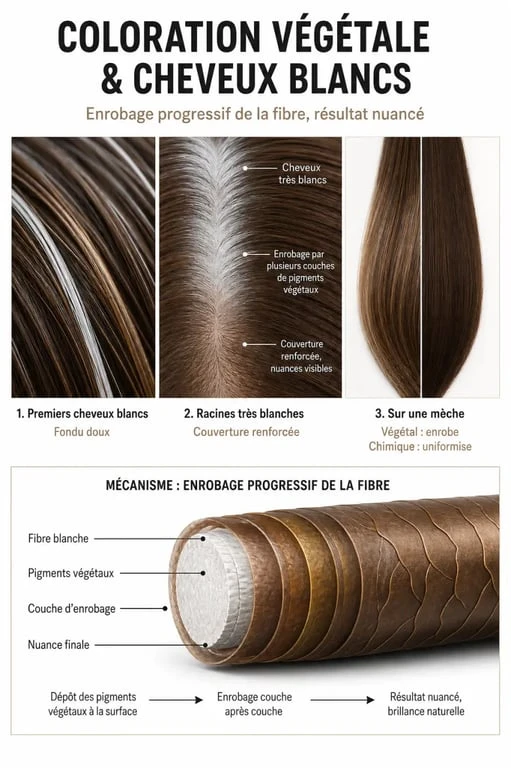 Coloration végétale cheveux blancs : infographie comparative montrant le rendu naturel sur premiers cheveux blancs, racines marquées et différence avec une coloration chimique