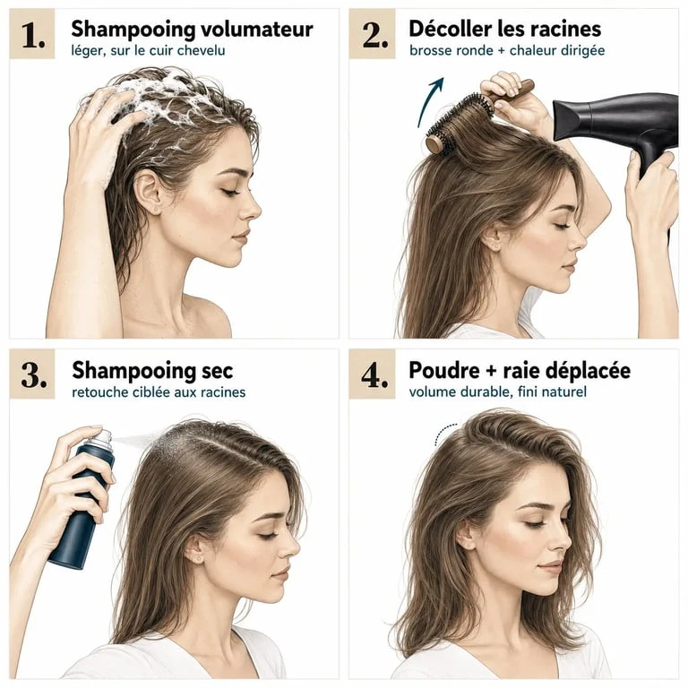 Volume cheveux fins : séchage aux racines, shampooing sec et poudre volumisante en étapes