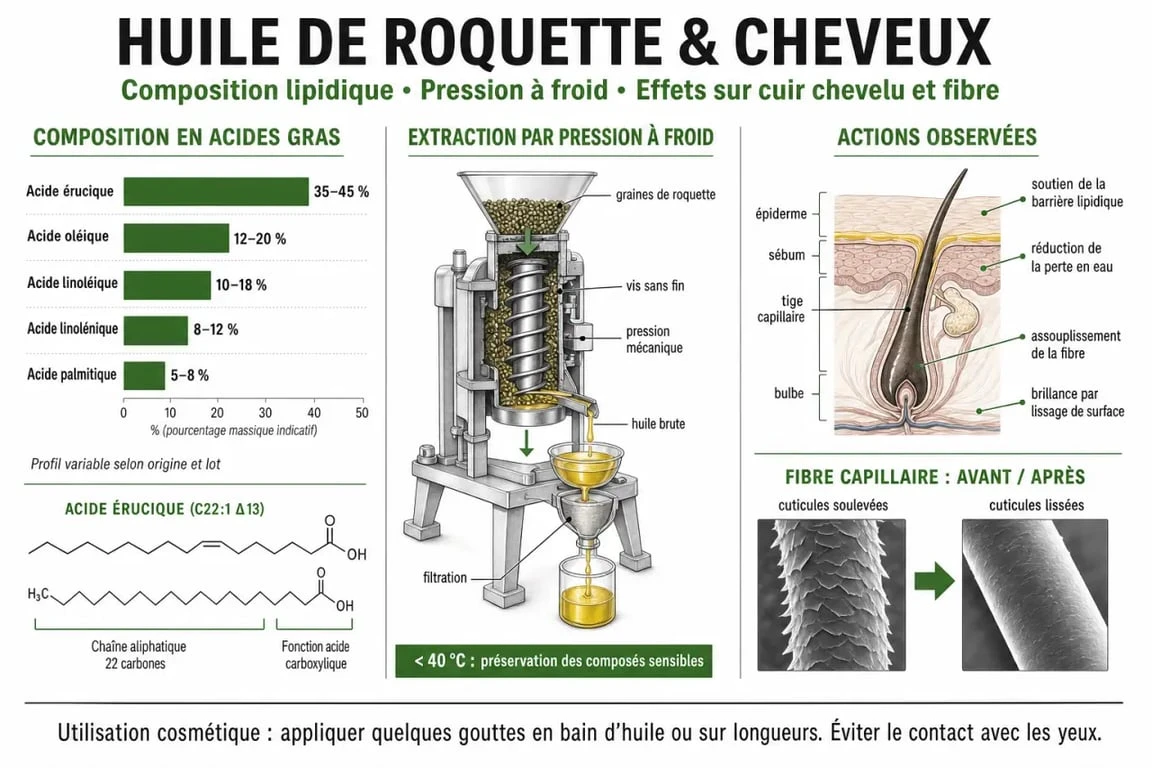 Infographie des bienfaits et propriétés de l'huile de roquette pour la santé capillaire