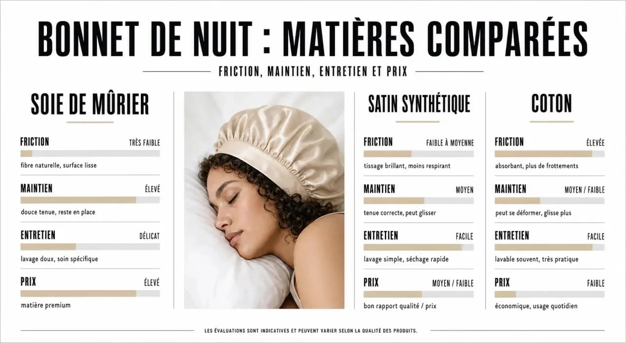 Bonnet soir en soie : comparaison des matières et conseils d'ajustement