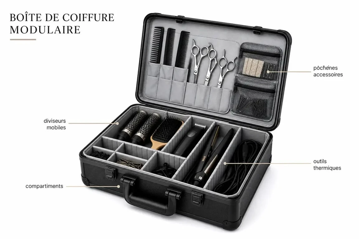 Hairdressing box ouvert avec compartiments et accessoires de coiffure rangés