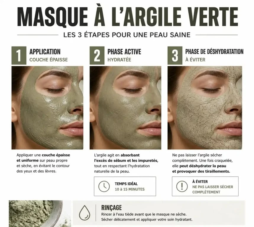 Infographie sur les étapes d'application d'un masque à l'argile verte pour éviter le dessèchement de la peau