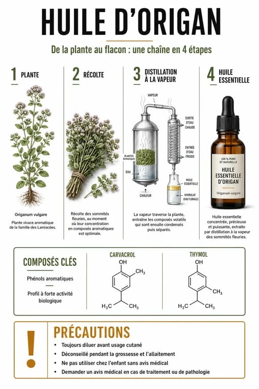 Infographie sur l’huile d’origan avec ses actifs, sa distillation et ses précautions d’emploi