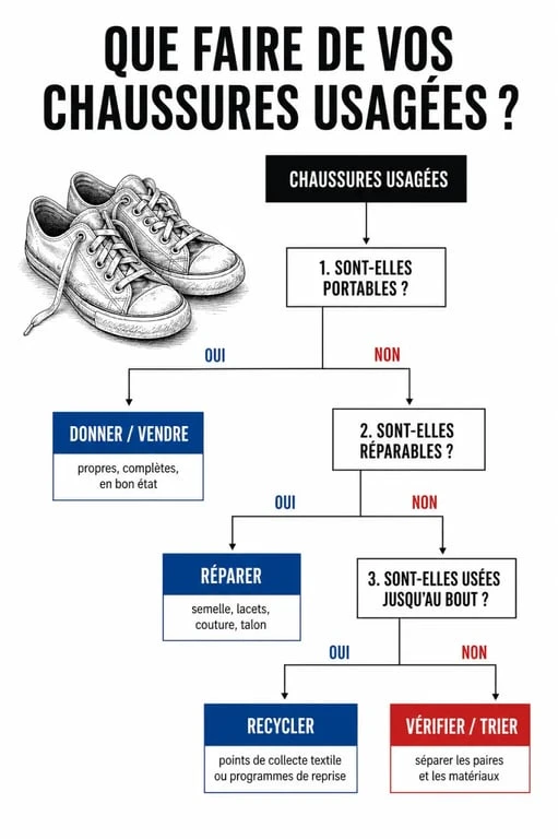 Infographie du processus de décision pour recycler ses chaussures : réparer, donner ou recycler.