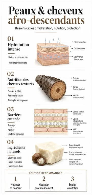 Infographie sur les besoins en cosmétique africain pour peaux et cheveux texturés