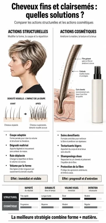 Infographie des solutions pour épaissir les cheveux fins et clairsemés : coupes, soins et routines capillaires