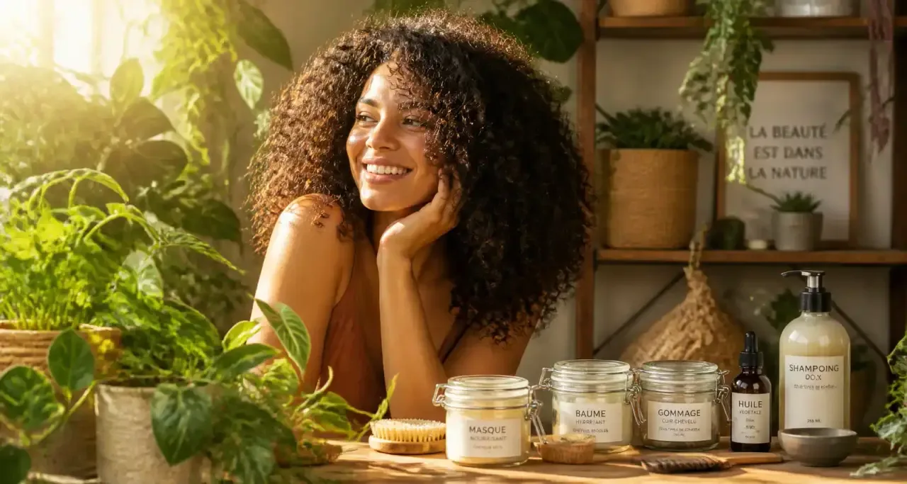 Femme aux cheveux bouclés naturels tenant des produits de soin bio