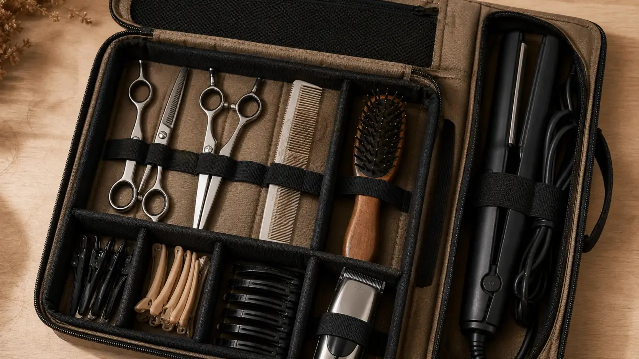 Hairdressing box en nylon avec diviseurs mobiles, rangement outils de coiffure