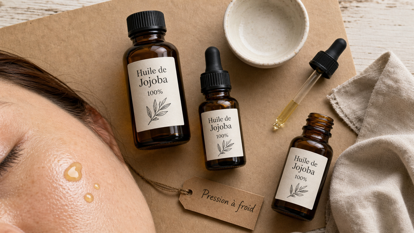 Huile de jojoba o 100% pression à froid sur peau, visage