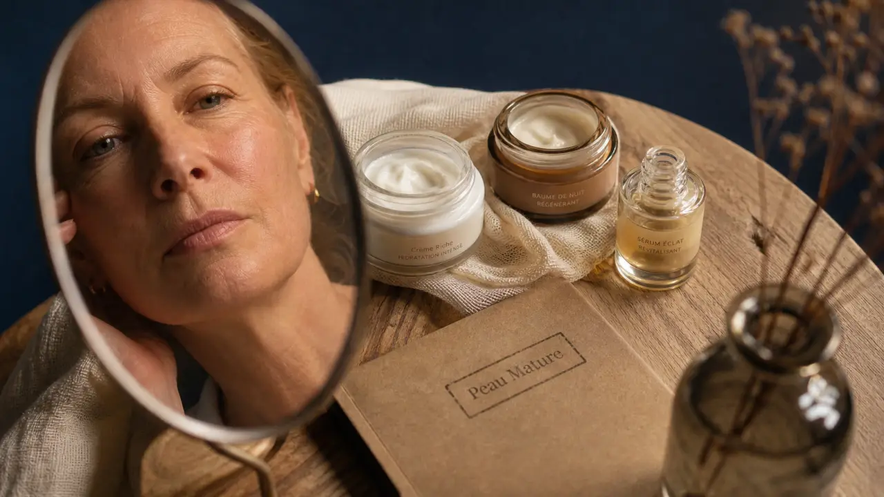 Peau mature définition : visage femme, pores et rides fines visibles