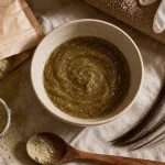 Poudre de sidr pousse cheveux : bol de poudre sur toile, effet réduction de casse