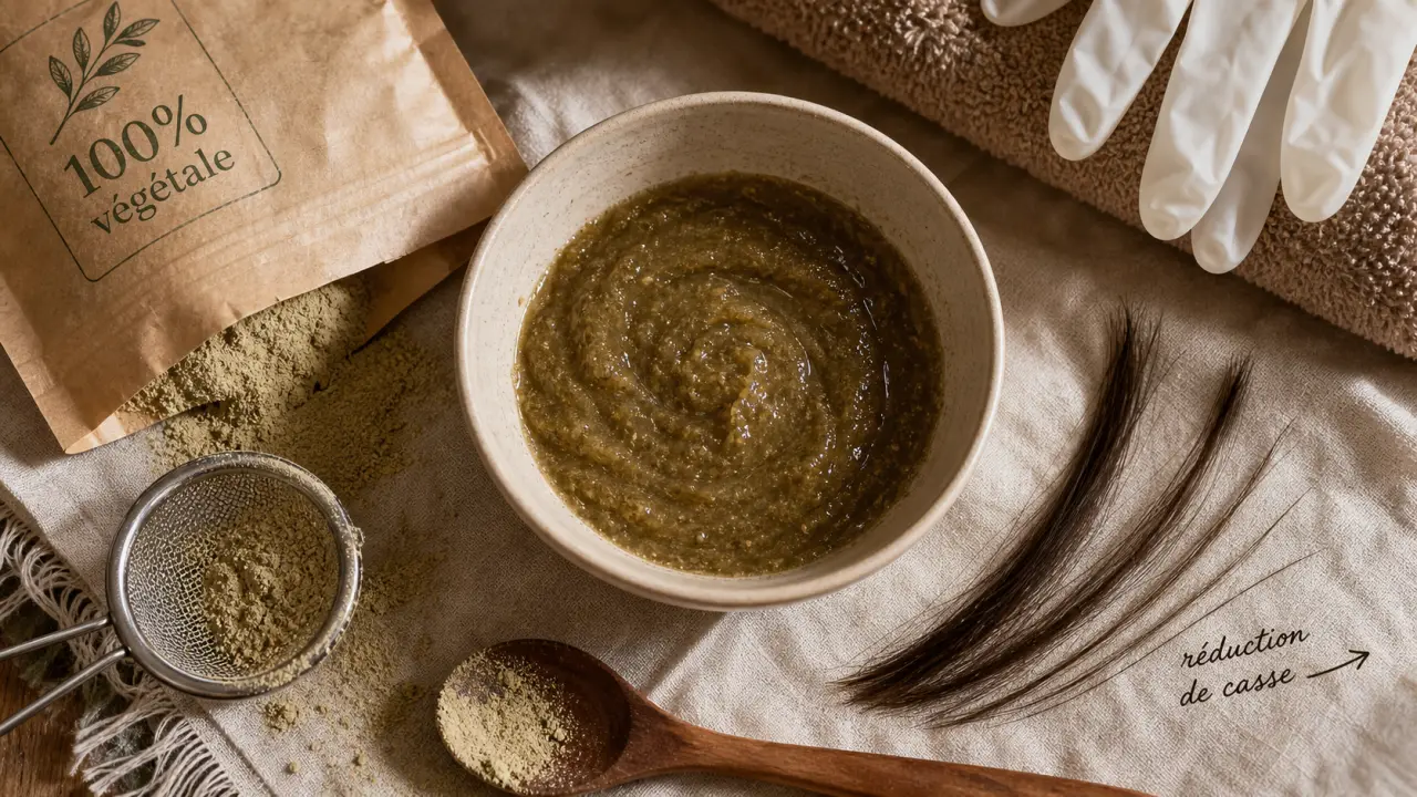 Poudre de sidr pousse cheveux : bol de poudre sur toile, effet réduction de casse