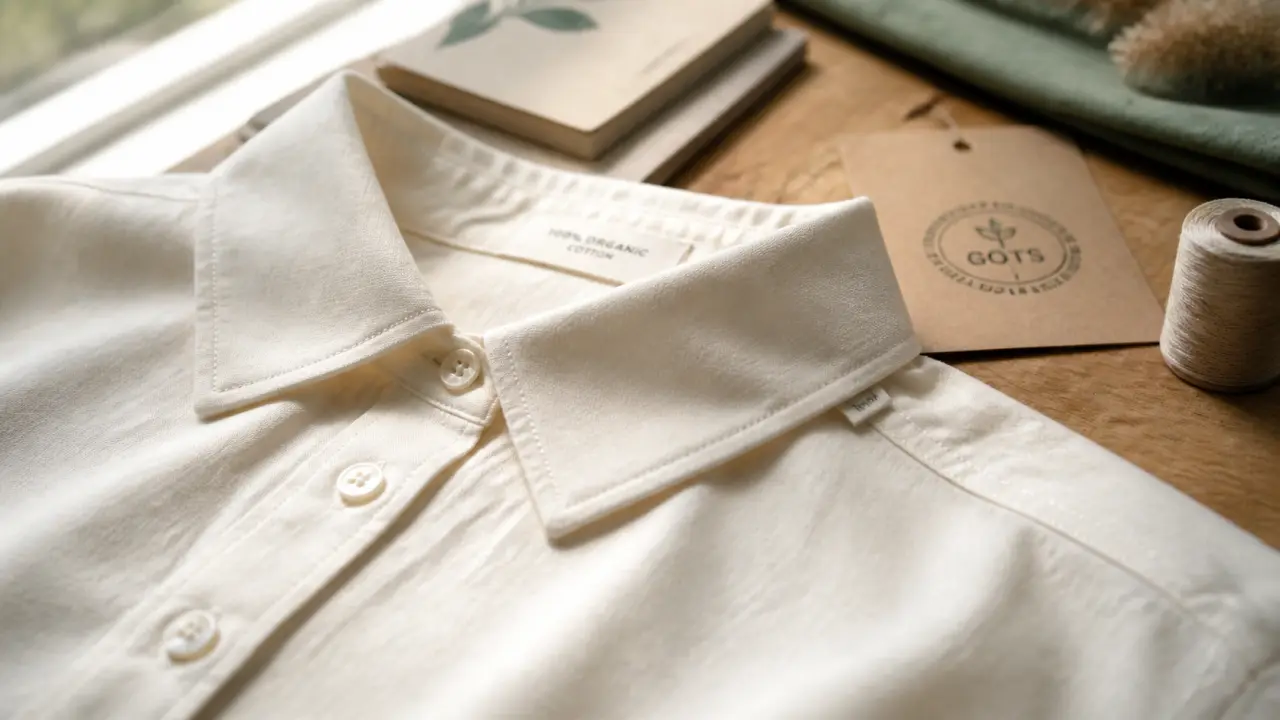 Chemise femme coton bio avec label GOTS, gros plan en tissu écru