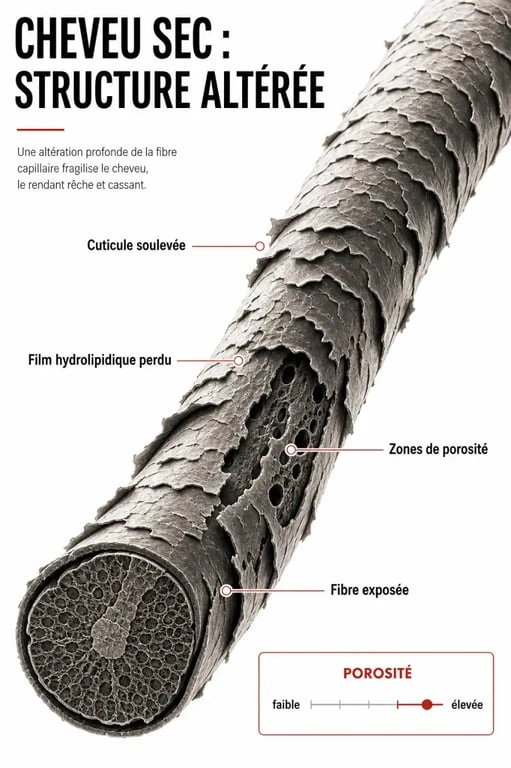 Soin pour les cheveux secs : coupe d’une fibre capillaire avec cuticule et film hydrolipidique