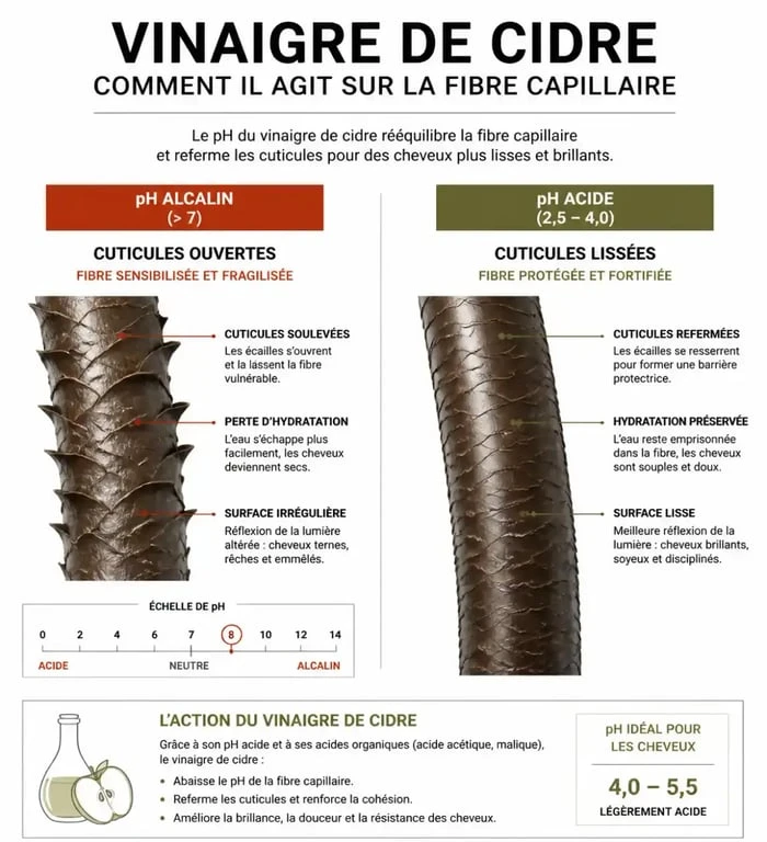 Infographie sur les bienfaits du vinaigre de cidre et cheveux : mécanisme de lissage des cuticules