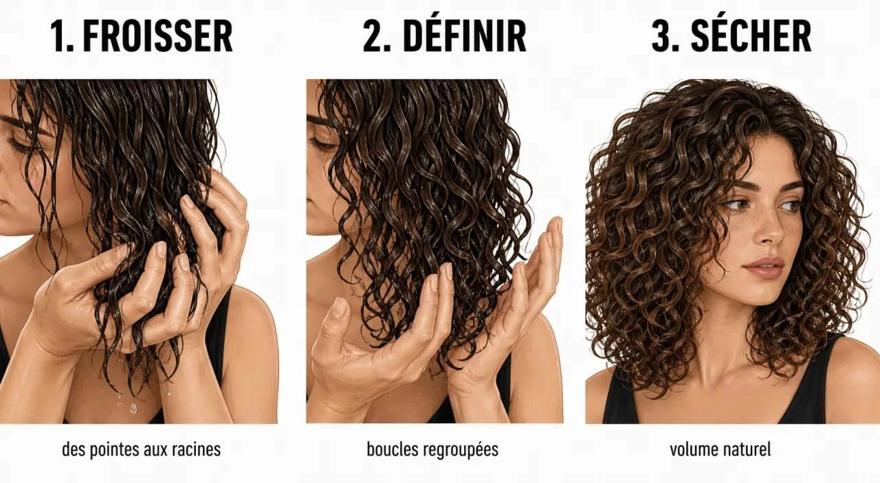 Scrunch cheveux : démonstration des gestes pour froisser les boucles sur cheveux humides