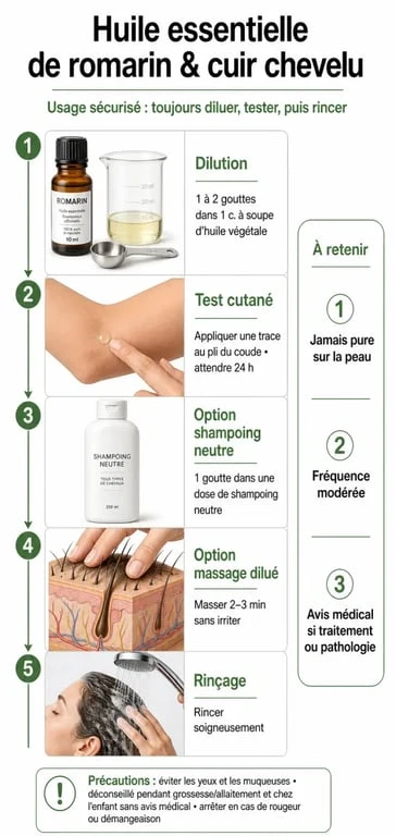 Huile essentielle de romarin et cheveux : étapes d’application sécurisée et dilution