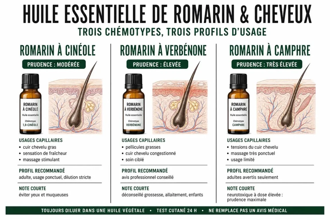 Huile essentielle de romarin et cheveux : comparaison des chémotypes cinéole, verbénone et camphre