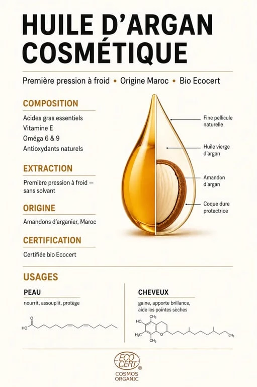 Infographie sur argan oil oils : origine marocaine, pression à froid et certification bio
