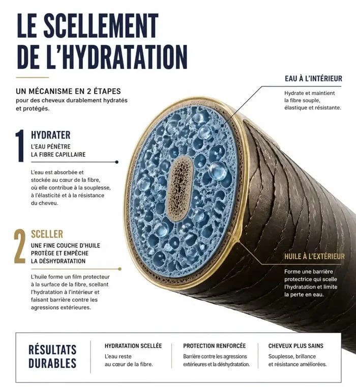 Schéma explicatif du scellement de l'hydratation avec une huile pour cheveux bouclés