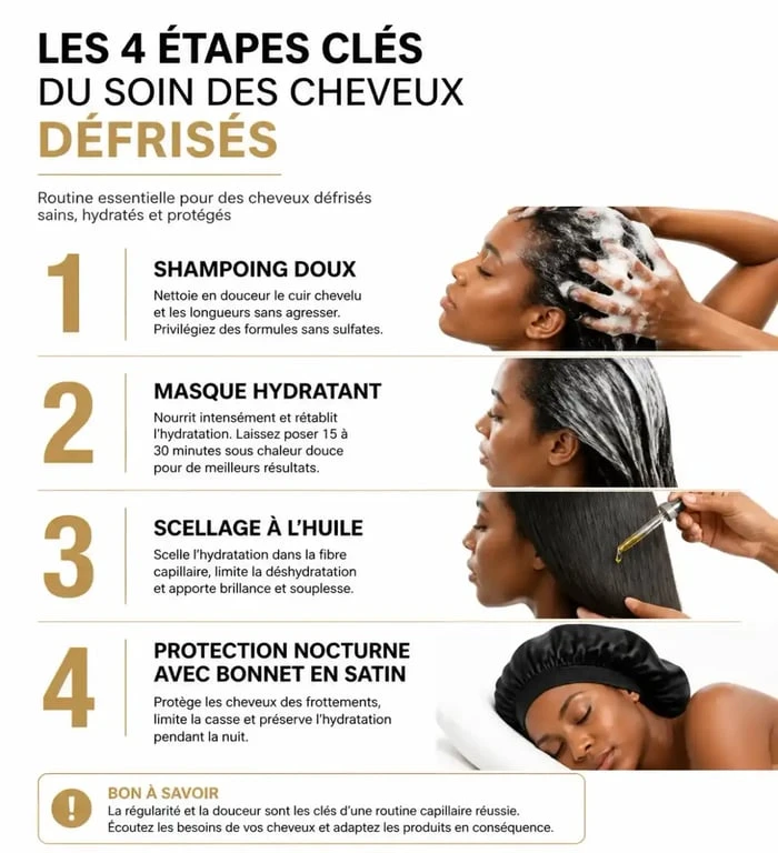 Routine de soin pour cheveux défrisés en 4 étapes pour éviter la casse