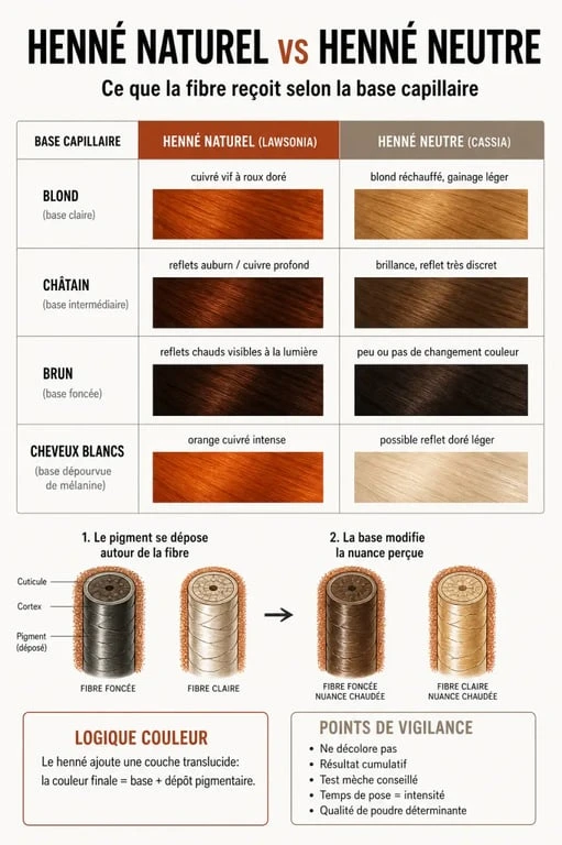 Henna cheveux : tableau visuel des nuances selon la base capillaire