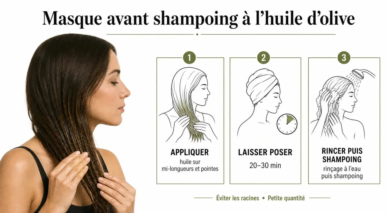 huile d olive masque cheveux : application en trois étapes sur les longueurs, temps de pose puis rinçage