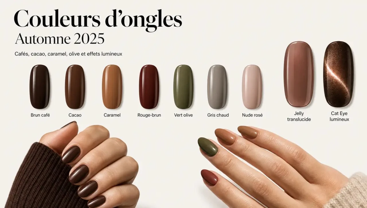 Couleur ongles automne 2025 avec swatches de brun, rouge-brun, vert olive et gris chaud