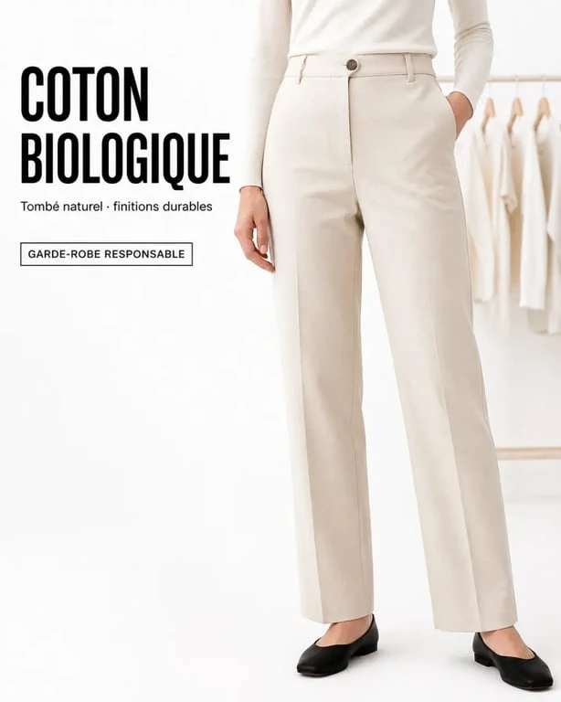 Matière et tombé d’un pantalon coton bio femme dans une tenue du quotidien