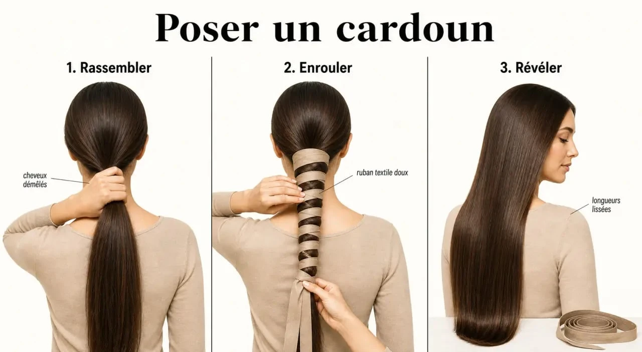 Cardoun pour cheveux posé étape par étape sur cheveux longs pour un lissage sans chaleur