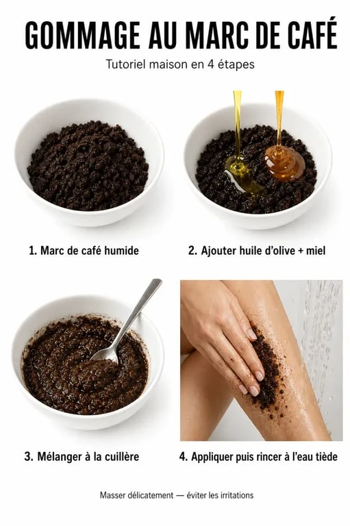 Gommage au marc de café : tutoriel maison en plusieurs étapes avec bol, mélange et application sur la peau