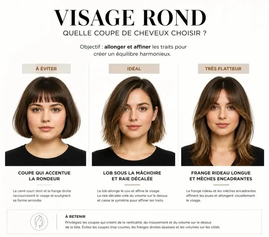 Visage rond coupe de cheveux : exemples de lob, raie décalée et frange rideau pour affiner les traits