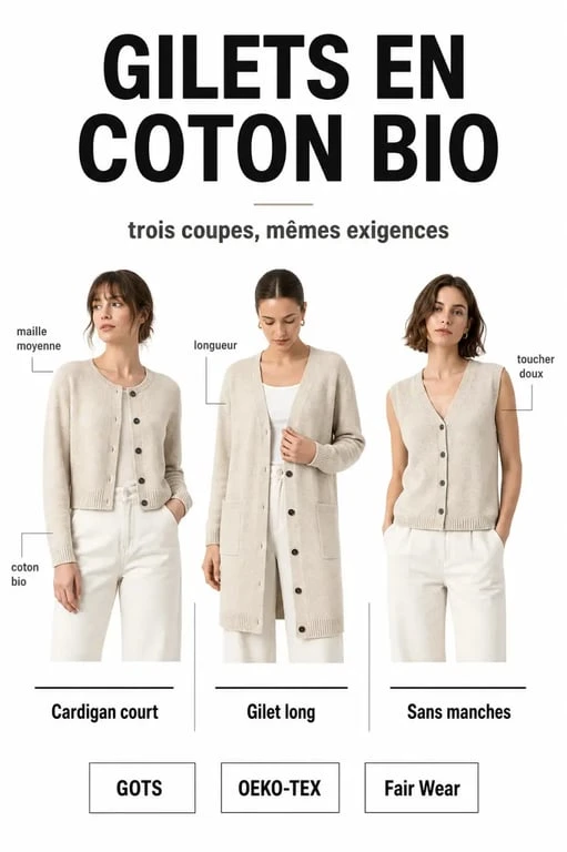 Gilet coton bio femme : comparaison visuelle des coupes, mailles et labels
