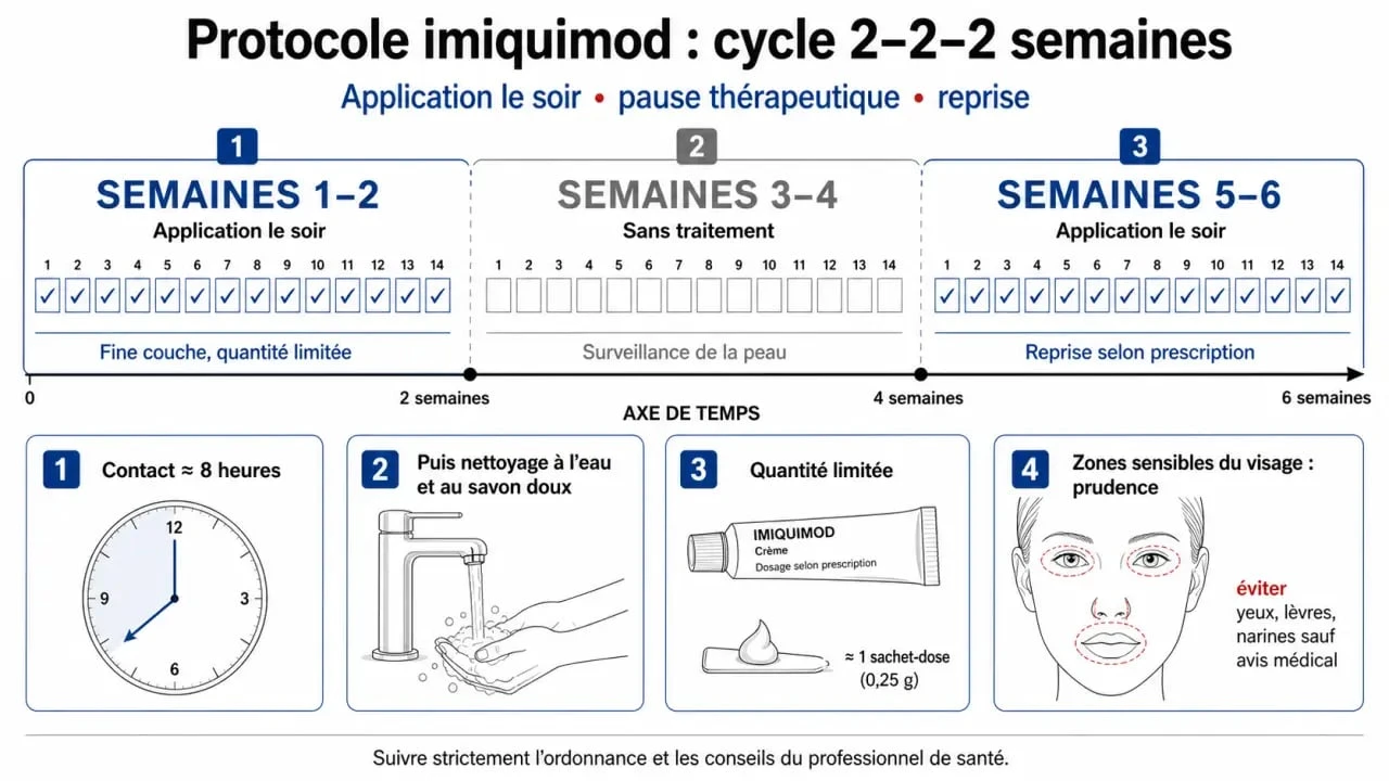 Crème pour kératose visage : schéma du protocole d’imiquimod et des précautions d’application