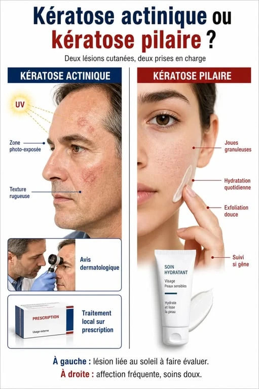 Crème pour kératose visage : illustration médicale comparant kératose actinique et kératose pilaire sur le visage