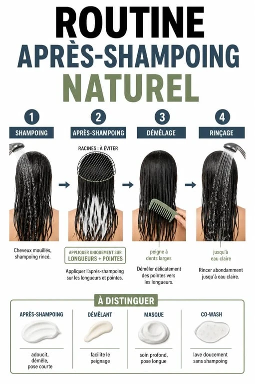 Routine après shampoing naturel : application sur les longueurs, démêlage et rinçage