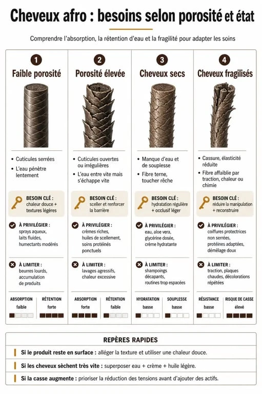 Comparatif des besoins d'un soin pour les cheveux afro selon la porosité et la fragilité