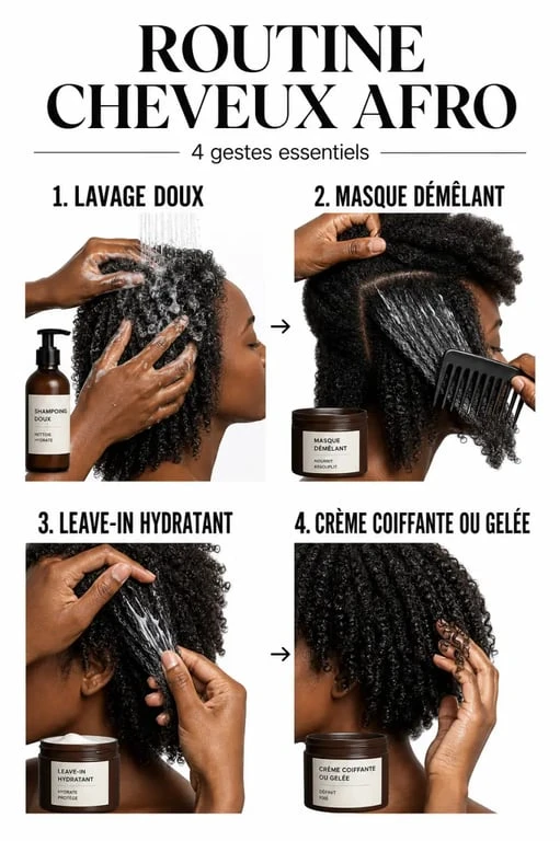 Routine de soin pour les cheveux afro en 4 étapes avec lavage, masque, leave-in et coiffage