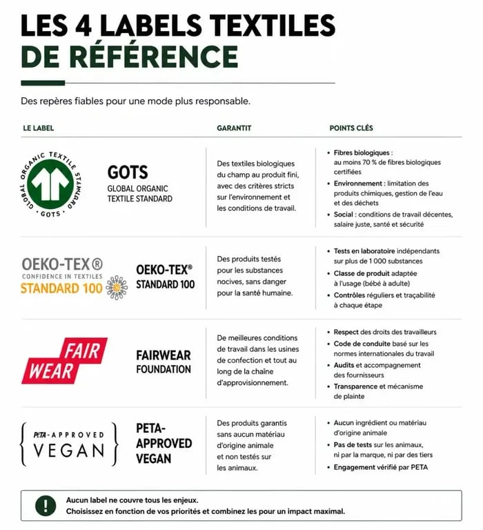 Infographie des labels de confiance pour un tee shirt manche longue femme coton bio
