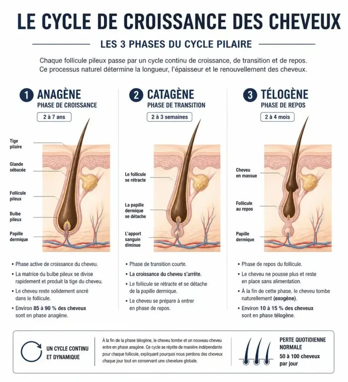 Schéma explicatif des phases de pousse des cheveux afro