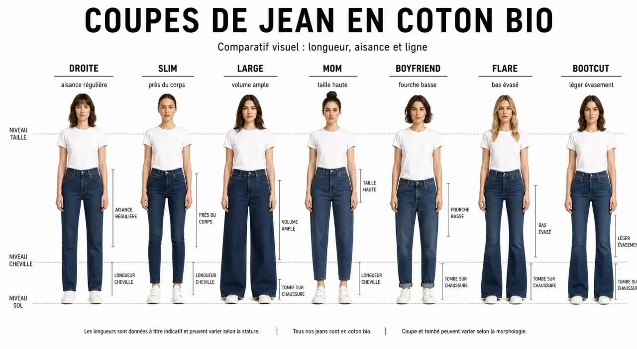 Jean coton bio : comparaison des coupes droite, slim, large et bootcut